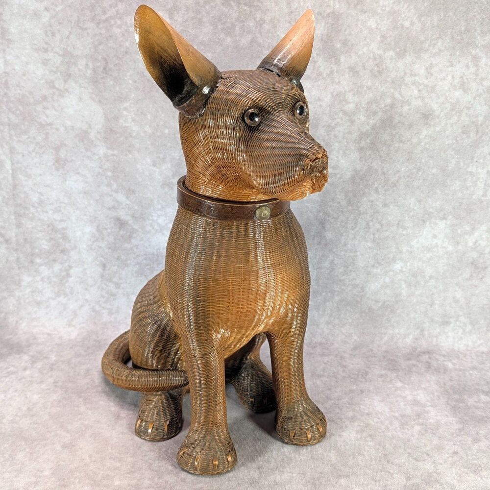 Vintage Wicker Dog Sculpture Woven Rattan Basket Container Zhejiang Handicrafts